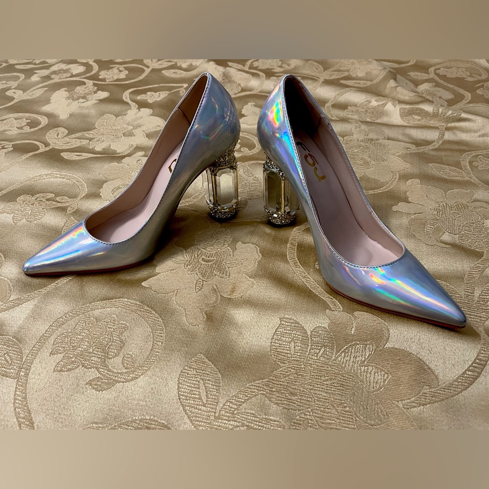 FSJ Women Pointed Toe Chunky Block High Heel Crystal Pumps